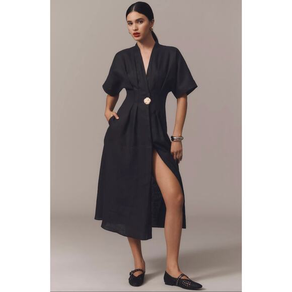 Anthropologie Exquise Tobie Button-Front Pleated Midi Shirt Dress Black Kenia - Picture 12 of 12